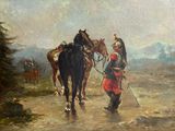 un tableau représentant un homme menant deux chevaux sur un chemin de terre