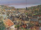 une peinture représentant une vue d'une ville depuis une colline