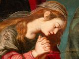 an image of a painting of a woman praying in front of a statue