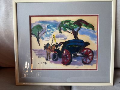 tableau représentant une calèche tirée par des chevaux, avec un homme à l'arrière