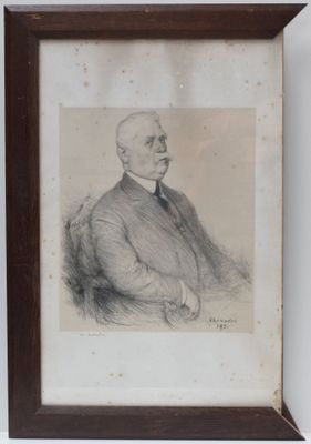 an old drawing of a man in a suit sitting in a chair