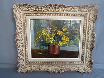 a painting of flowers in a vase on a table