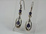 a pair of earrings with blue stones on a clear display case