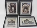 three black and white pictures of a church and a building