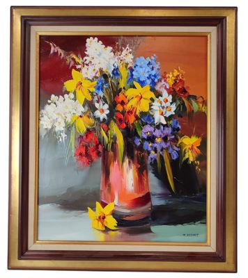 painting of a vase of flowers on a table with a red background
