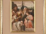 an image of a painting of a group of people gathered around a baby