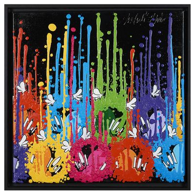 une peinture représentant des éclaboussures de peinture colorées sur un fond noir
