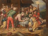 painting of a group of people gathered around a baby in a manger