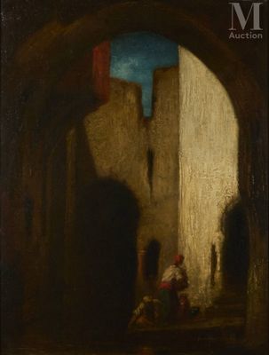 un tableau représentant une scène de rue avec un homme et une femme dans une ruelle