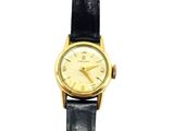 a close up of a watch on a white background