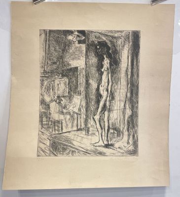 a black and white drawing of a woman standing in front of a window