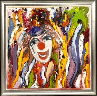 tableau représentant un clown coiffé d'un haut-de-forme, avec de nombreux autres clowns en arrière-plan