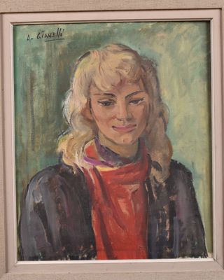 tableau représentant une femme aux cheveux blonds portant un foulard rouge, dans un cadre blanc