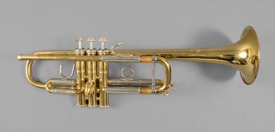 a gold trumpet that is sitting on a gray surface