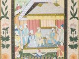 a painting of a scene in a village with a man and a woman
