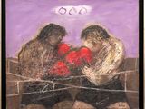 painting of two men in a boxing ring with a sky background