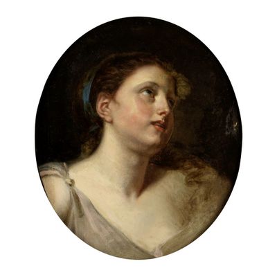 portrait d'une femme en robe blanche, portant un bandeau bleu