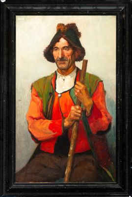 painting of a man with a stick in his hand in a black frame