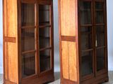 pair of antique oak bookcases with glass doors and drawers