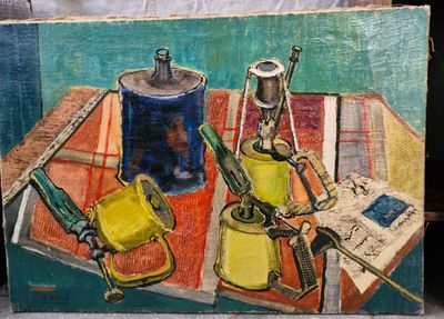 une peinture représentant une peinture d'un ustensile de cuisine posé sur une table