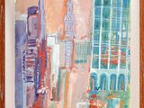 an oil painting of a cityscape with a clock tower in the background
