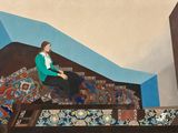 a painting of a woman sitting on a stair case