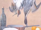 a painting of ducks and oranges on a table