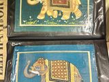 two pictures of an elephant on a blue background