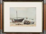 painting of boats on the beach in a frame on a wall