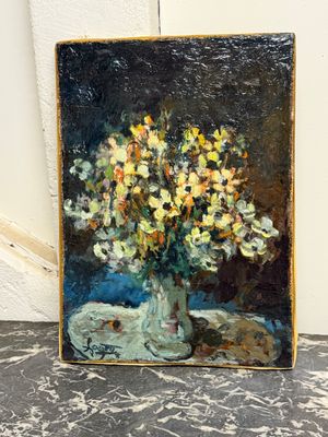 une peinture représentant un vase de fleurs sur une table
