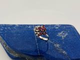une photo d'une bague en diamant rouge et blanche posée sur une pierre bleue