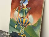 une peinture à l'huile représentant une femme tenant un oiseau sur une table