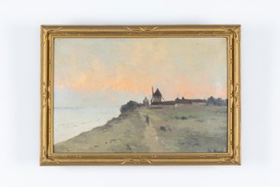 une peinture à l'huile représentant une église située sur une colline surplombant l'océan