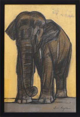 tableau représentant un éléphant debout devant un mur jaune