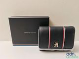 tommy hilfiger black leather wallet with red, white, and blue stripes