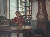 un tableau représentant un homme assis à une table avec un chien