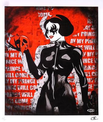 a painting of a woman in a black and white outfit holding a red ball