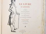 an old book with a drawing of a man holding a cane