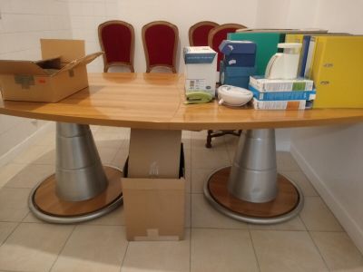 a table that has a bunch of boxes on it