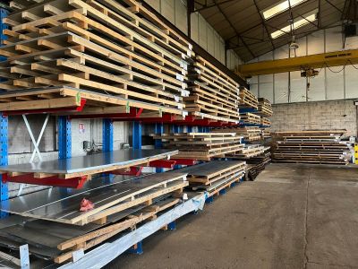 a large amount of pallets in a warehouse