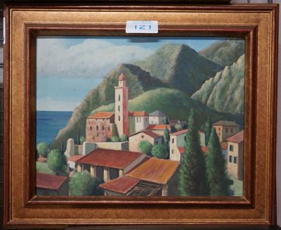 une image d'une peinture d'une ville au bord de l'eau