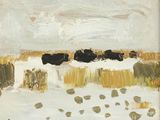 une peinture à l'huile représentant des vaches paissant dans un champ enneigé par temps nuageux
