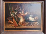 une peinture à l'huile représentant une scène de chasse avec des oiseaux morts et un fusil de chasse