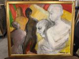un tableau représentant deux personnes et un chien dans une pièce