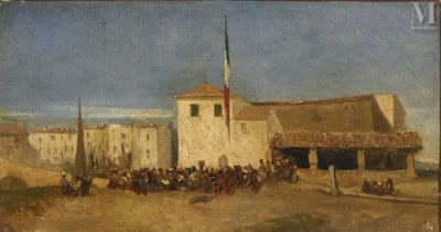 an image of a painting of a group of people in front of a building