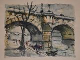 a watercolor painting of a bridge over a river