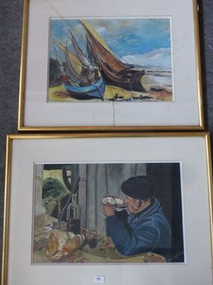 deux tableaux encadrés représentant un homme et une femme assis à une table