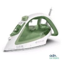 an image of a green and white steam iron on a white background