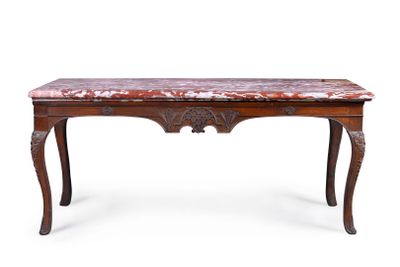 an old wooden table with a marble top on a white background