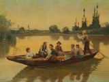 tableau représentant un groupe de personnes dans un bateau sur un lac